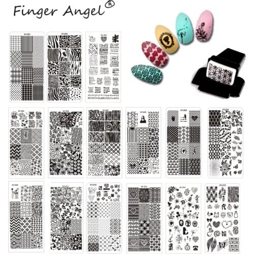 Finger Angel 15 Pcs 12*6cm New Rectangle Nail Art Plate Stamping Template +1 Pcs Nail Stamper & Scraper Tools set XYZ01-15