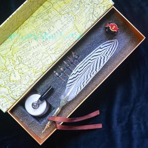 Calligraphy Quill Lophura Nycthemera Feather Pen Set with Ceraminc Pen Holder 5 Nibs 1 Ink Retro Carving Wedding Gift Pen