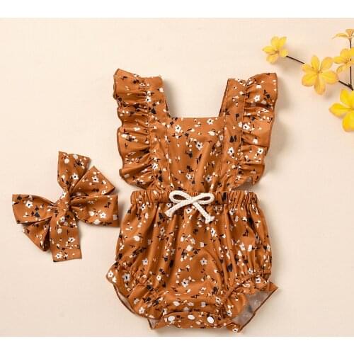 Summer Kids Baby Girls 2-piece Outfit Set Fly Sleeve Floral Romper+Headband Set for Children Girls