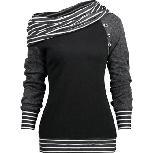 2020 New Ladies Sweatshirt Solid Color Diagonal Collar Long-sleeved Striped Patchwork Button Sweatshirt Autumn Ladies Top