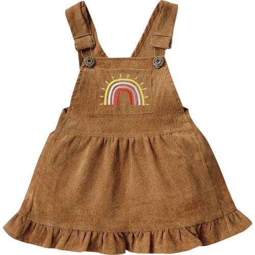 New Toddler Girls Round Collar Romper Suit, Baby Sleeveless Rainbow Printing Dress Solid Color Corduroy One-piece