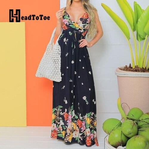 Ditsy Floral Print Bohemian Sweet Dress Women Spaghetti Strap V Neck Ankle Length Straight Dresses for Women