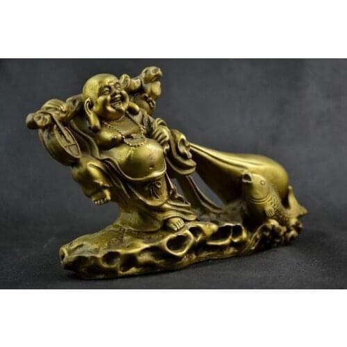 Handwork Brass Carving Buddha Carry Sack of Gold Coin Statue