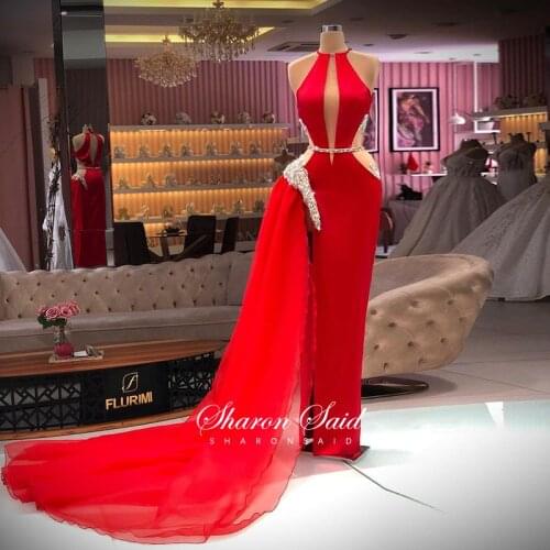 Sexy Red Satin Mermaid High Slit Evening Dress Long Train Cutout African Prom Dresses for Women Wedding Party Graduation Gowns