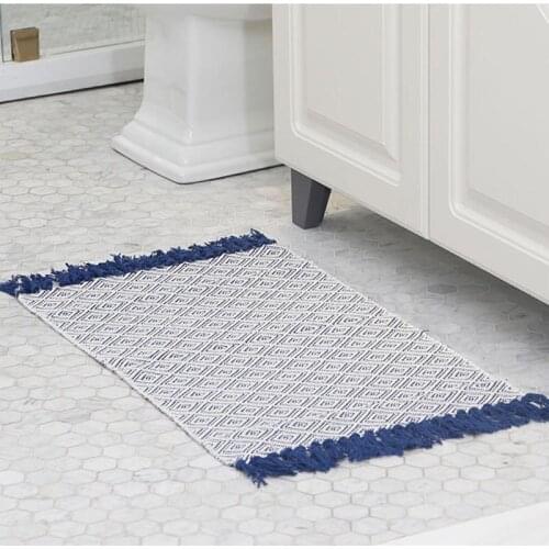 Nordic Geometric Carpet Indian Rug For Bedroom Cotton Linen Tassel Woven Carpet Morocco Decor Blue White Bathroom Mat Household