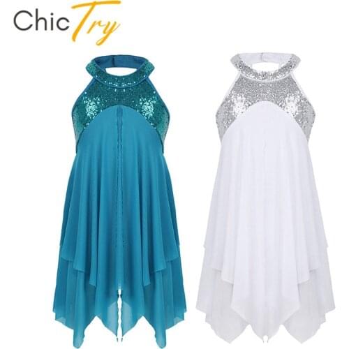ChicTry Kids Teens Sequins Halter Stage Lyrical Dance Costumes Girls Ballet Tutu Gymnastics Leotard Figure Skating Dance Dress