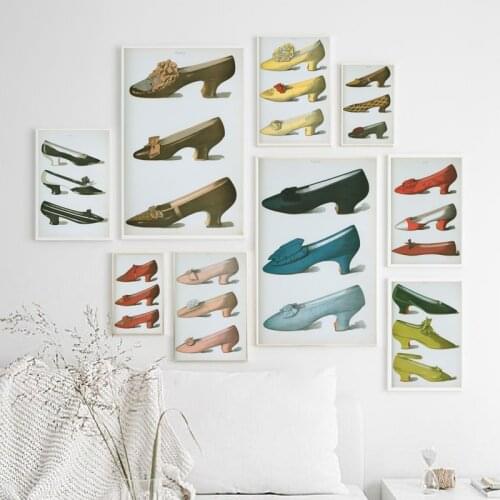Vintage Fashion Lay Woman Shoes Model Posters 19th Century Old Stylish Shoes Canvas Print Retro Painting Girls Room Wall Decor