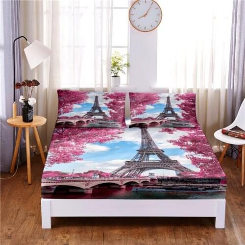World Famous Scenery Printed 3pc Polyester Fitted Sheet Mattress Cover Four Corners with Elastic Band Bed Sheet Pillowcases