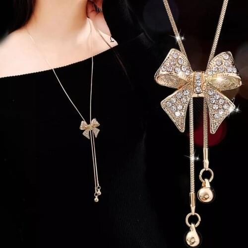 Jewelry 2020 Gold Chain Shiny Crystal Bow Long Necklace Statement Necklace Women Jewelry New Years Gift