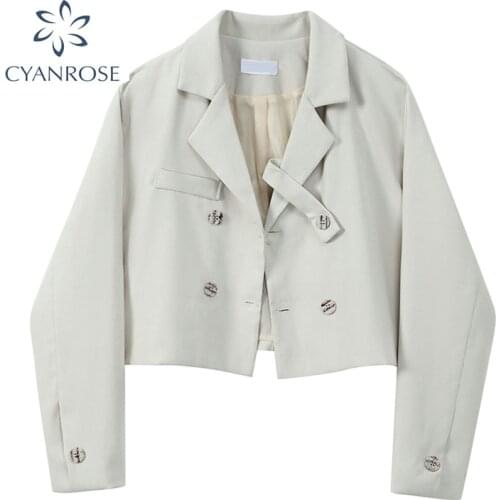 Women Blazers 2021 Autumn Office Coat Korean Full Sleeve Double Breasted Solid Vintage Fashion Female Outerwear Casual Crop Top