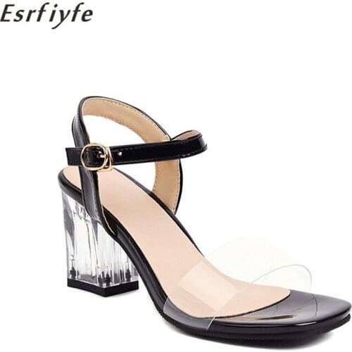 ESRFIYFE 2021 New Summer High Heels Women Sandals PVC Crystal Heel Ladies Shoes Buckle Party Shoes Female Shoes Big Size 34-48