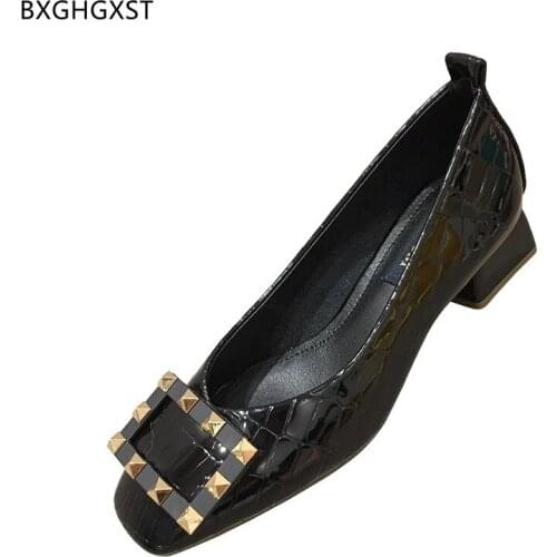 Black Slip on Low Heels Shoes for Women 2021 Square Toe Heels Patent Leather Shoes Women Block Heels Korean Shoes Woman Zapatos