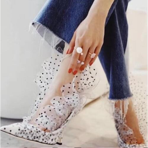 Sestito 2019 Newest Style Girls Sweety Dot Print High Heels Pumps Ladies Pointed Toe Mesh Dress Runway Shoes Women Slip-on Shoes