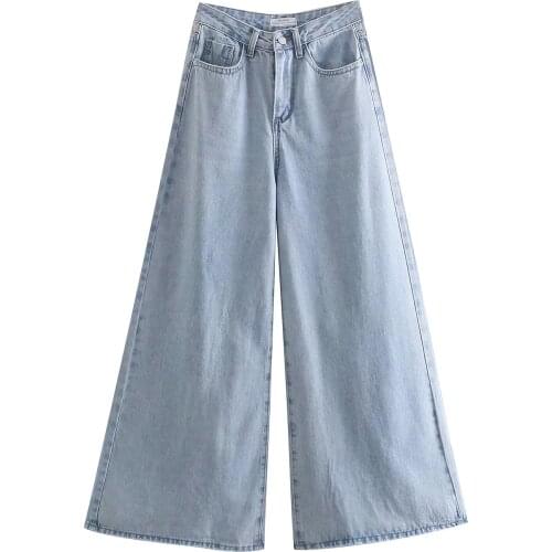ZA 2021 women versatile Loose Leg High waist Jeans full length Wide-legged denim pants pocket vintage jean Light Blue Trousers