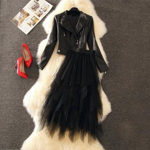 Autumn New Women Skirts Sets PU Leather Jackets and Irregular Knee-length Mesh Skirts Streetwear Skirts Suits Top Quality