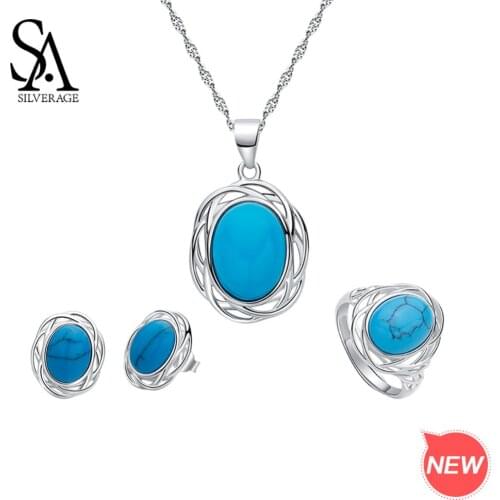 SA SILVERAGE 925 Sterling Silver Turquoise Round Necklace/Stud Earrings/Rings Jewelry Sets for Woman 925 Silver Sets Two Series