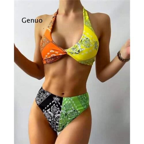 Printed Splicing Female Swimsuit High Waist Bikini Women Swimwear Two-Pieces Bikini Set Halter Bather Bathing Suit Swim V2767