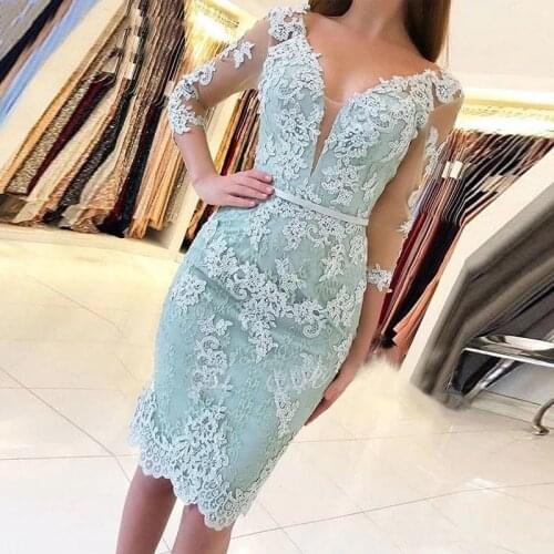 Vestidos 2021 Evening Dresses with Sleeve Women Sexy Illusion Applique Party Gowns Short Mermaid Formal Dress robe de soiree new