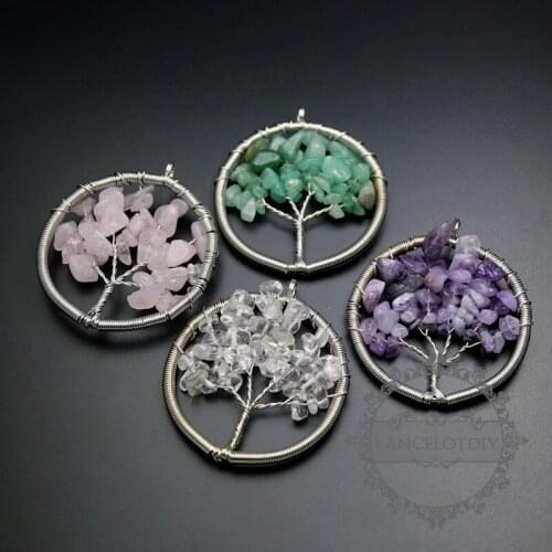 50mm round handmade wiring tree of life in random pink,green,purple,crystal stone pendant charm DIY supplies 1800276