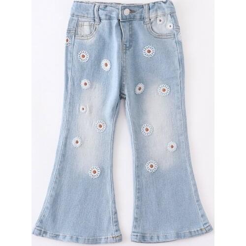 Girlymax Baby Girls Kidswear Outfits Children Cotton Clothes Tight Daidy Flower Bell-bottoms Jeans Pants Elastic All-match