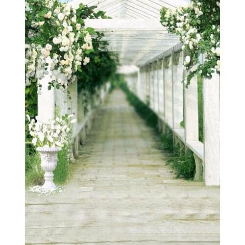 Photography Background Backdrop Vintage Green Flowers Brick Floor White Fence Photo Studio Background for Wedding Custom Made