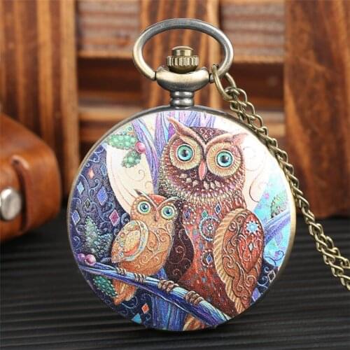 Colorful Owl Design Pocket Watch for Men Women Bronze Necklace Chain Exquisite Old Fashion Pendant Watch Quartz New 2019