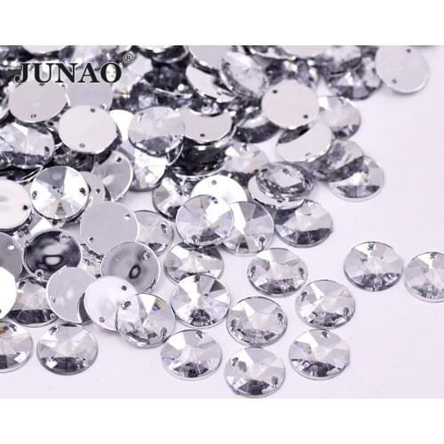 JUNAO 10mm Sewing Clear Crystals Round Rivoli Rhinestone Applique Flat Back Acrylic Strass Diamond Sew On Stones For Dress Bag
