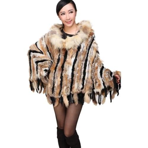 2020 new Real Knitted rabbit Shawl poncho stole with tassels shrug cape robe tippet wrap with raccoon fur collar women