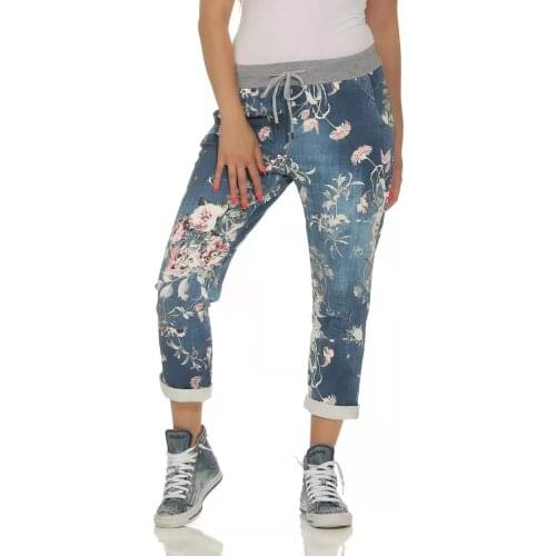 2021 Summer New Fashion Personality Denim Printed Elastic Drawstring Casual Pants Comfortable Daily Denim Cropped Trousers