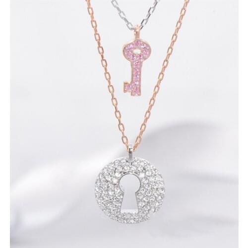 Brand 1:1 fashion personality contrast color pink two-in-one double clavicle pendant necklace cute and beautiful silver jewelry