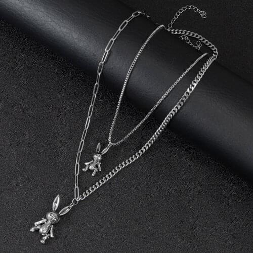 Harajuku Retro Bunny Pendant Necklace Men and Women Metal Rabbit Charm Stainless Steel Double-layer Chain Hip Hop Jewelry