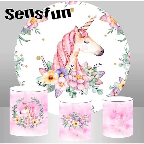 Pink Flowers Unicorn Party Round Circle Backdrop For Photography Girls Birthday Newborn Baby Shower Background Plinth Covers