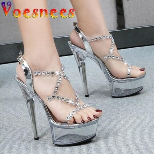 Voesnees Platform Sandals Women Shoes 2021 New PVC Diamond Thick Transparent Crystal High Heels Female Model Stage Catwalk Shoe