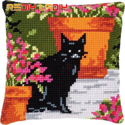 DIY Cross Stitch Cushion Cover Black Cat Pillow Case Pre-Printed Canvas Acrylic Thick Yarn Crafts Cross-stitch Needlepoint Kits