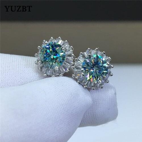18K White Gold Plated Brilliant Cut Total 2 ct Diamond Test Past Blue&Green Moissanite Snowflake Stud Earrings 925 Silver Gift