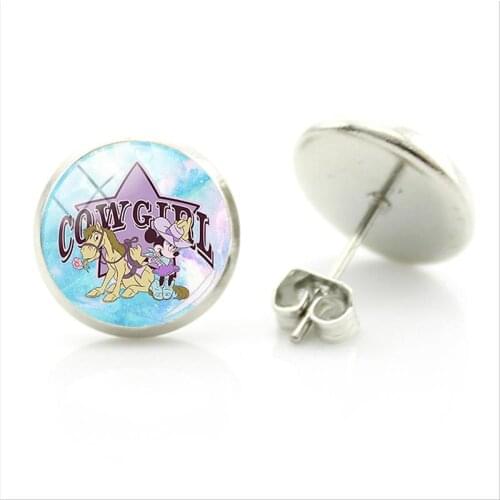 Disney Cartoon Friendship Earrings Minnie And Mickey Play Round Dome Glass Minnie And Mickey Earrings Send Friends Accessories