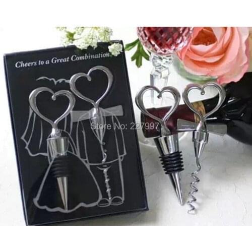 Wine Bottle opener 200pcs=100sets Heart Shaped Great Combination Corkscrew and Stopper Sets Wedding Faovrs Gift Free shipping