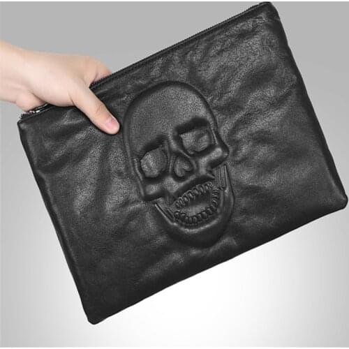 Bag new tide rivet clutch skull layer leather envelope bag mens handbag leather clutch bag large capacity IPAD A4 Bags