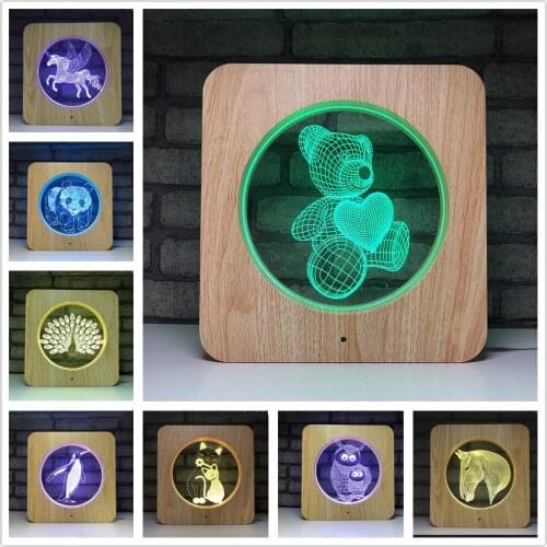 3D LED Wooden Grain Night Light USB Remote Control 7 Color Table Lamp Kids Birthday Gift Home Desktop Decor