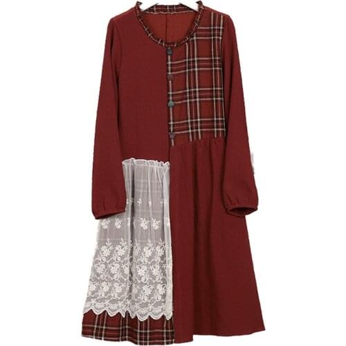 Mori Girl Lolita Hippie Boho Vintage Retro Cotton Linen Soft Lace Ruffle Plaid Crochet Patchwork Long Sleeve Women Autumn Skirt