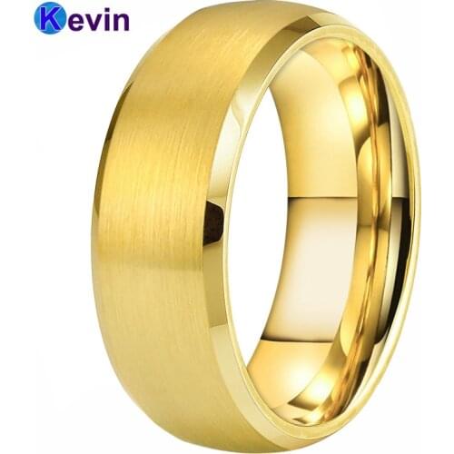Yellow Gold Wedding Band Men Women Tungsten Ring With Bevel Edges Brushed Finish 6MM 8MM Comfort Fit