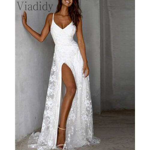 Women Sexy V-Neck Spaghetti Strap Lace Backless Maxi Dress Solid Color Sleeveless High Slit Party Dress