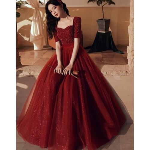 Elegant Burgundy Long Evening Dress Cheongsam Short Sleeve Beaded Prom Fomail Gown Vestidos De Noche
