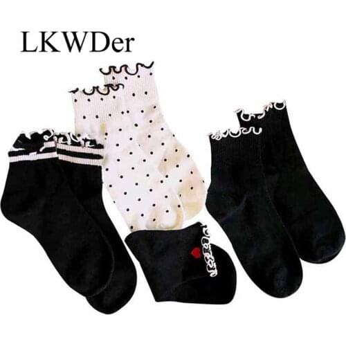 LKWDer 3pairs New Design Ruffles Lace Womens Socks Sweet Princess Girl Short Cotton Socks Trendy Dots Red Heart Stripe Art Socks