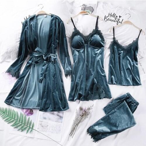 4PCS Gold Velvet Pyjamas Set Women Nightdress Sleepwear Sexy Lace Pajamas Comfortable Sleepwear Long Sleeve Nightgown Home Suit