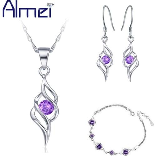 Almei Bojoux Flower Bracelet,Fashion Purple Necklace Earrings Bracelet for Wedding Women Bridal Accessories Jewelry Sets,T161