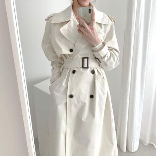 White Chic Women Trench Coat Long Outerwear Double-Breasted With Belt Overcoat Female Vintage Windbreaker Jacket Spring Fall2021