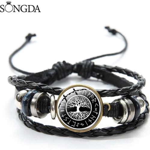 Tree Of Life Yggdrasil With Triquetra Symbols Poster Bracelet Cartoon Glass Dome Adjustable Leather Bracelet Gift for Women Men