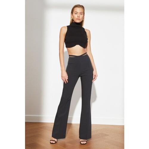 Black Cut Out Detailed Trousers High Waist Wide Leg Women Pants Fashion Style