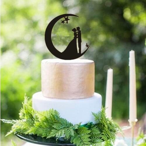 Black Acrylic cake topper Bride and Groom on the Moon Wedding Cake Topper Moon and Star Engagement / Anniversary Toppers